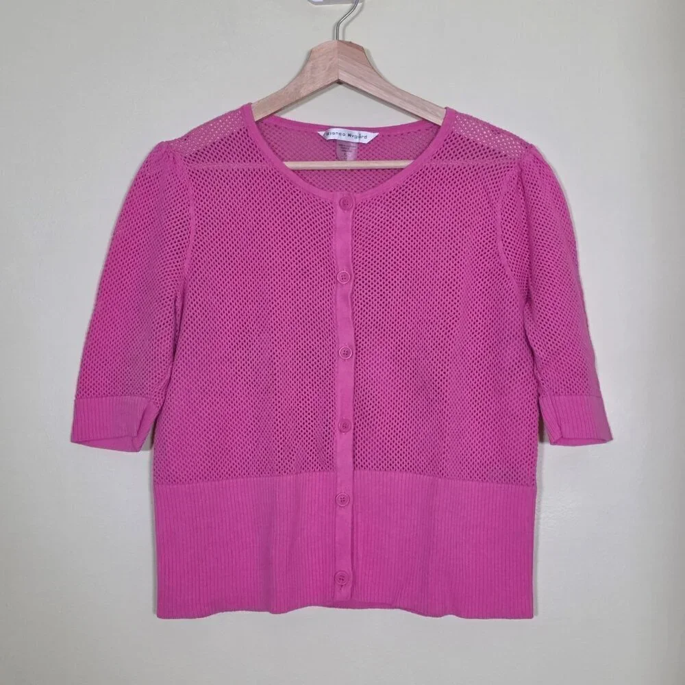 Bianca Nygard Cardigan Womens XL Hot Pink SS Button Up Round Neck Boho Open Knit